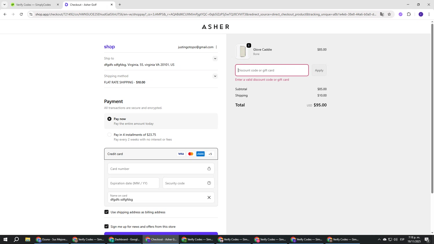 Asher Golf discount code screenshot showing code New15 applied at Asher Golf checkout page. Uploaded by SimplyCodes community member AberthGotopo on Nov 19, 2025