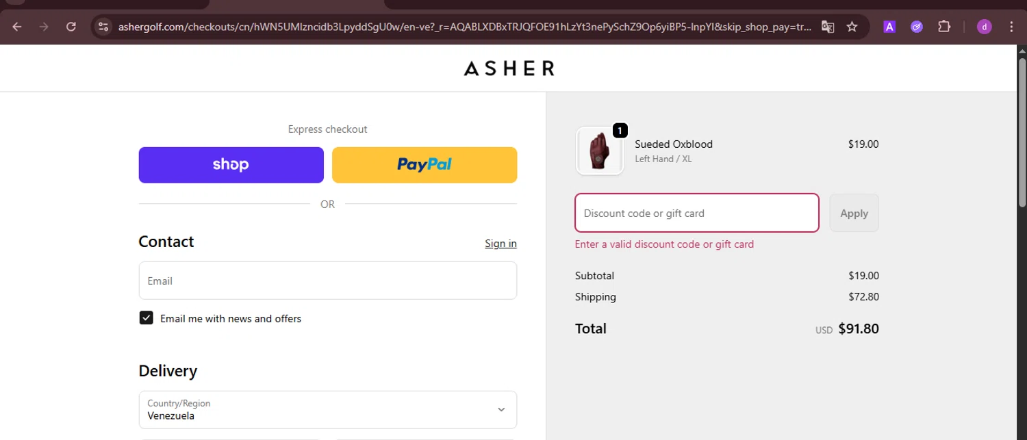 Asher Golf discount code screenshot showing code New15 applied at Asher Golf checkout page. Uploaded by SimplyCodes community member PennyTiger4891 on Nov 19, 2025