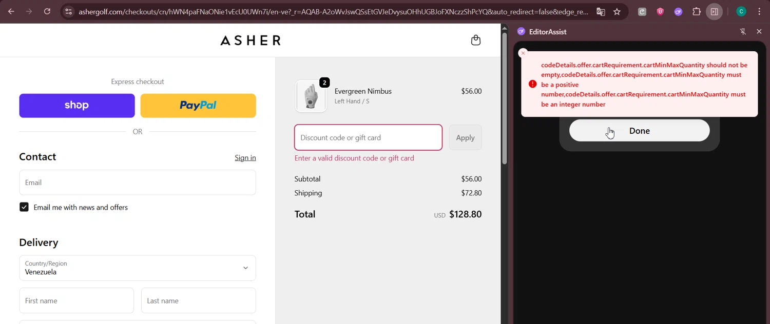Asher Golf discount code screenshot showing code FALLBOGO applied at Asher Golf checkout page. Uploaded by SimplyCodes community member Negritoo on Nov 2, 2025