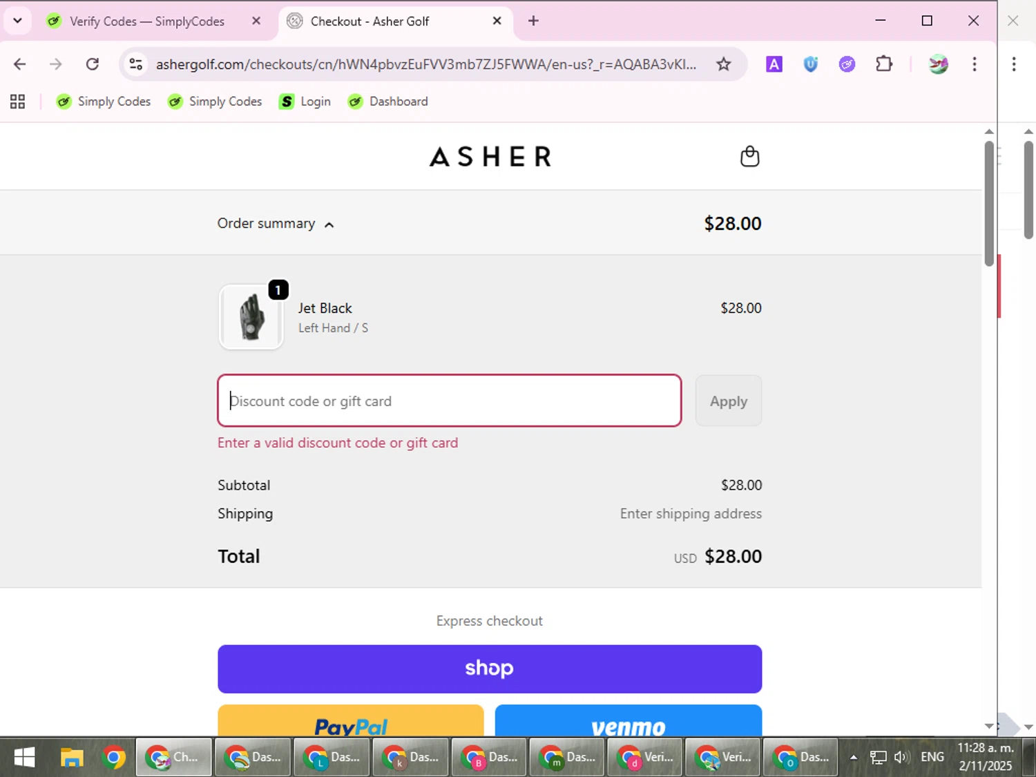Asher Golf discount code screenshot showing code FALLBOGO applied at Asher Golf checkout page. Uploaded by SimplyCodes community member SilverExpert5694 on Nov 2, 2025