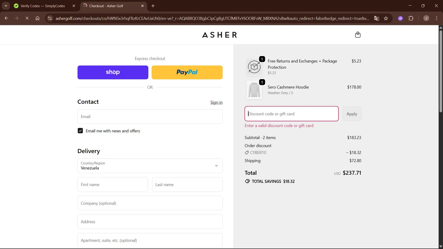 Asher Golf discount code screenshot showing code SECRETCASH applied at Asher Golf checkout page. Uploaded by SimplyCodes community member WisePro3955 on Dec 2, 2025