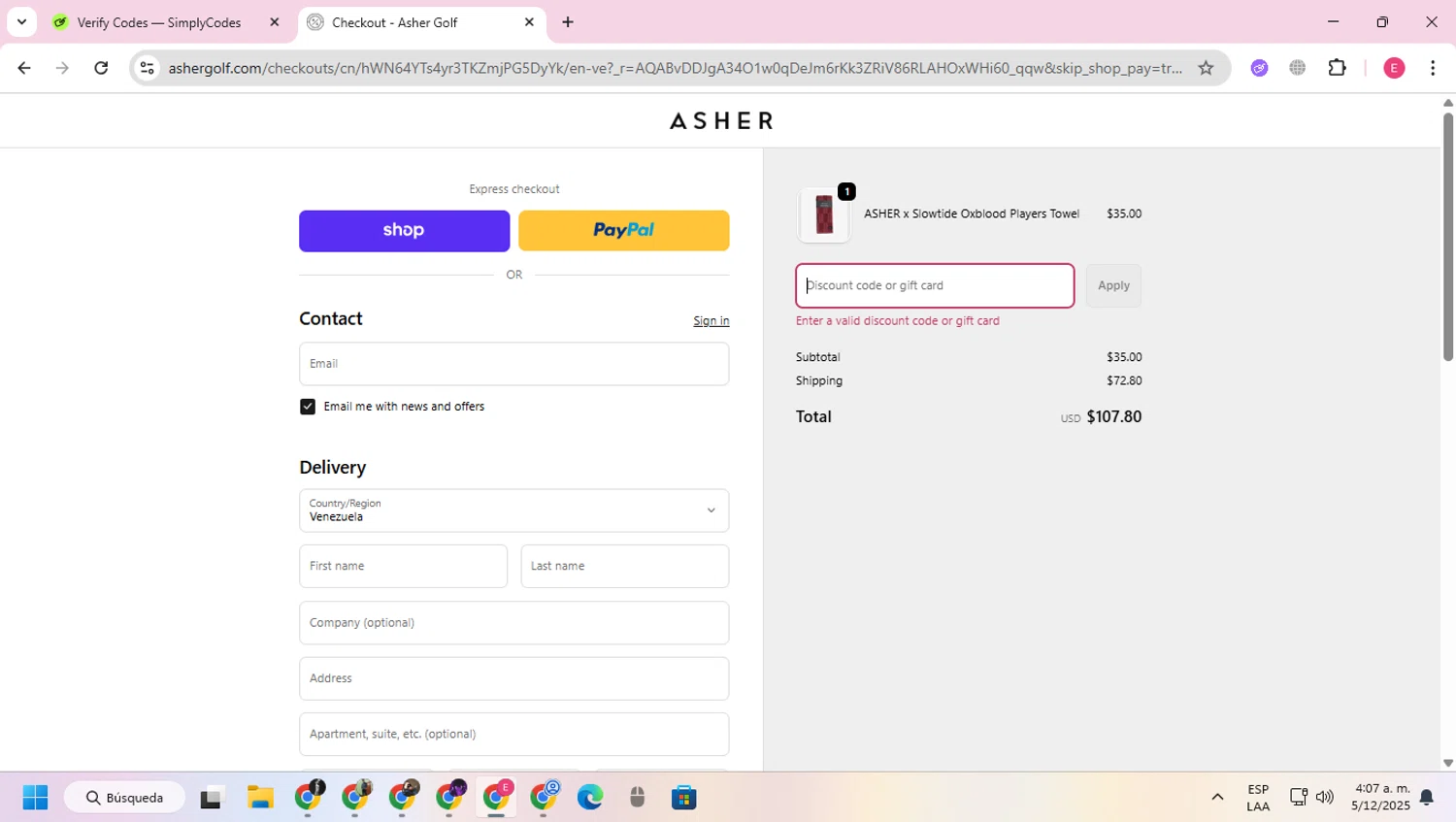 Asher Golf discount code screenshot showing code cyberext applied at Asher Golf checkout page. Uploaded by SimplyCodes community member VoucherExpert2930 on Dec 5, 2025