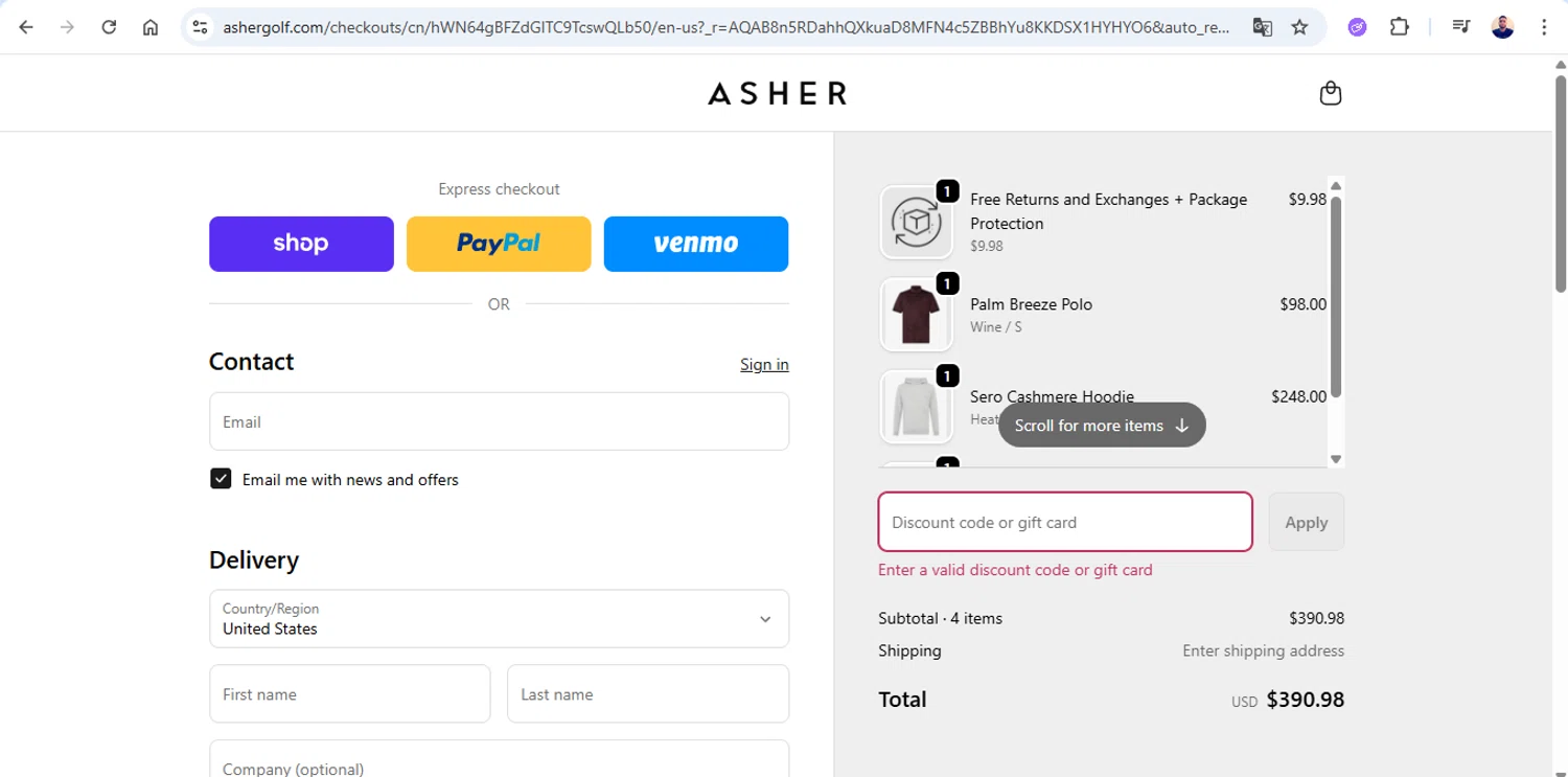 Asher Golf discount code screenshot showing code cyberext applied at Asher Golf checkout page. Uploaded by SimplyCodes community member joseg151520 on Dec 5, 2025