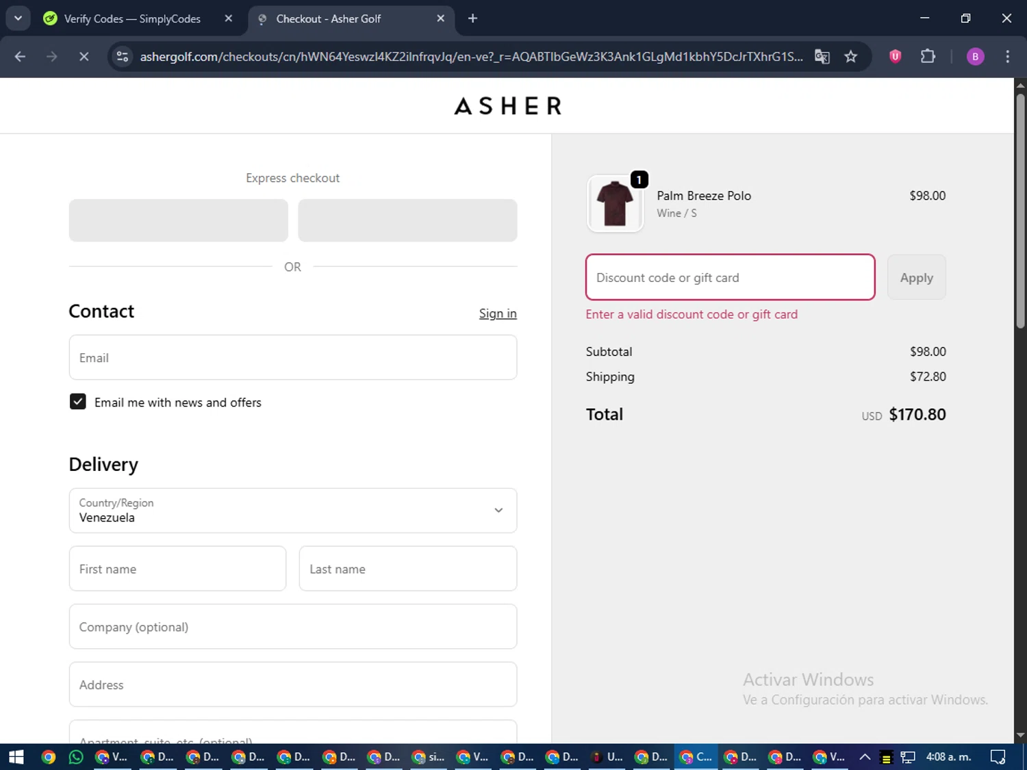 Asher Golf discount code screenshot showing code cyberext applied at Asher Golf checkout page. Uploaded by SimplyCodes community member travisscott on Dec 5, 2025