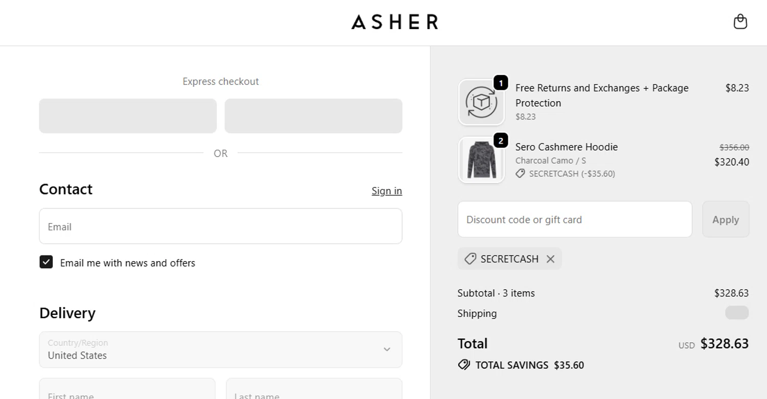 Asher Golf discount code screenshot showing code SECRETCASH applied at Asher Golf checkout page. Uploaded by SimplyCodes community member jesspea on Nov 29, 2025