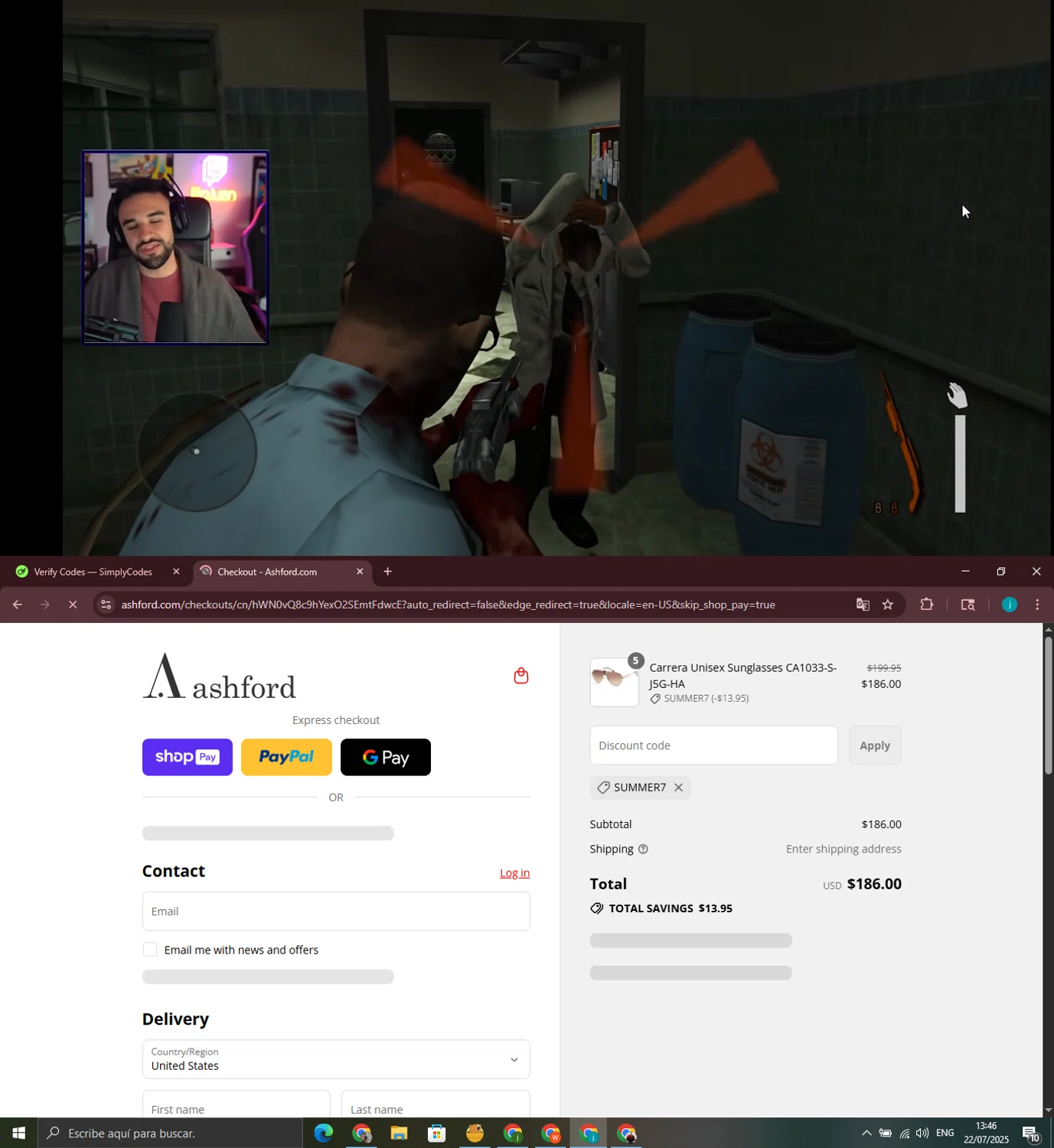 Ashford coupon code screenshot showing code SUMMER7 applied at Ashford checkout page. Uploaded by SimplyCodes community member juanjo2 on Jul 22, 2025