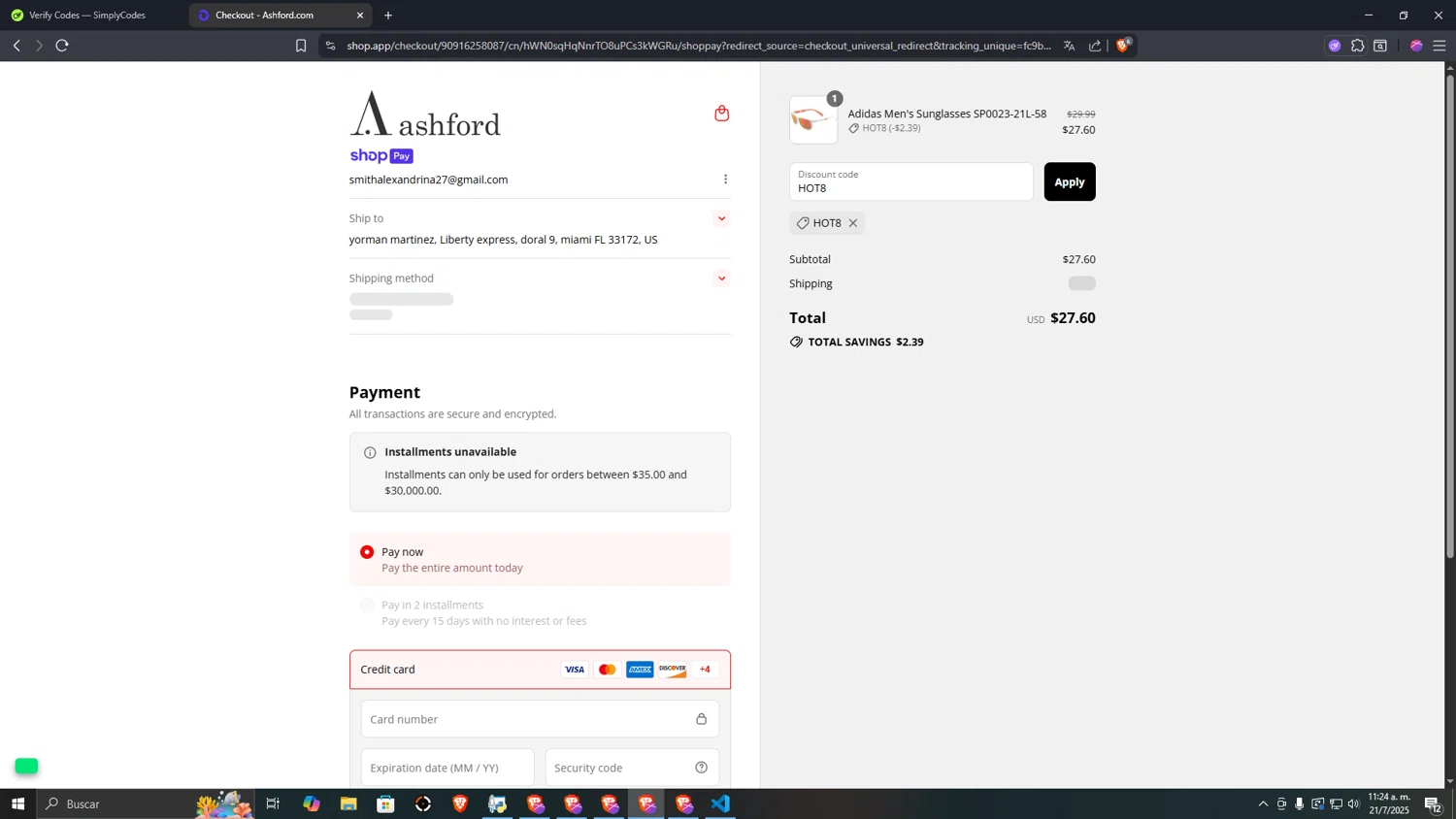 Ashford coupon code screenshot showing code HOT8 applied at Ashford checkout page. Uploaded by SimplyCodes community member SALCHICHA on Jul 21, 2025