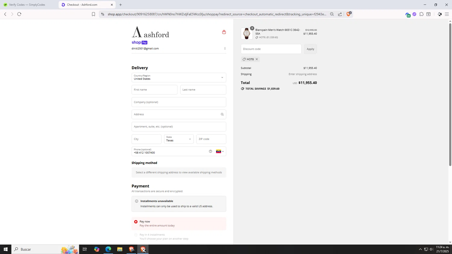 Ashford coupon code screenshot showing code HOT8 applied at Ashford checkout page. Uploaded by SimplyCodes community member VictoriousDefender7352 on Jul 21, 2025
