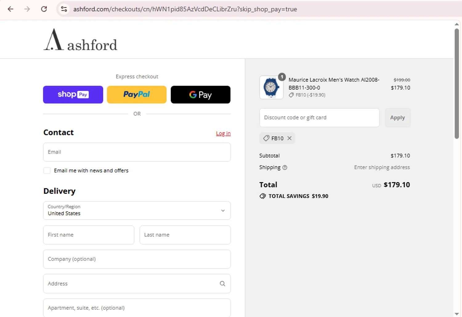 Ashford coupon code screenshot showing code fb10 applied at Ashford checkout page. Uploaded by SimplyCodes community member AK_CIO on Aug 15, 2025