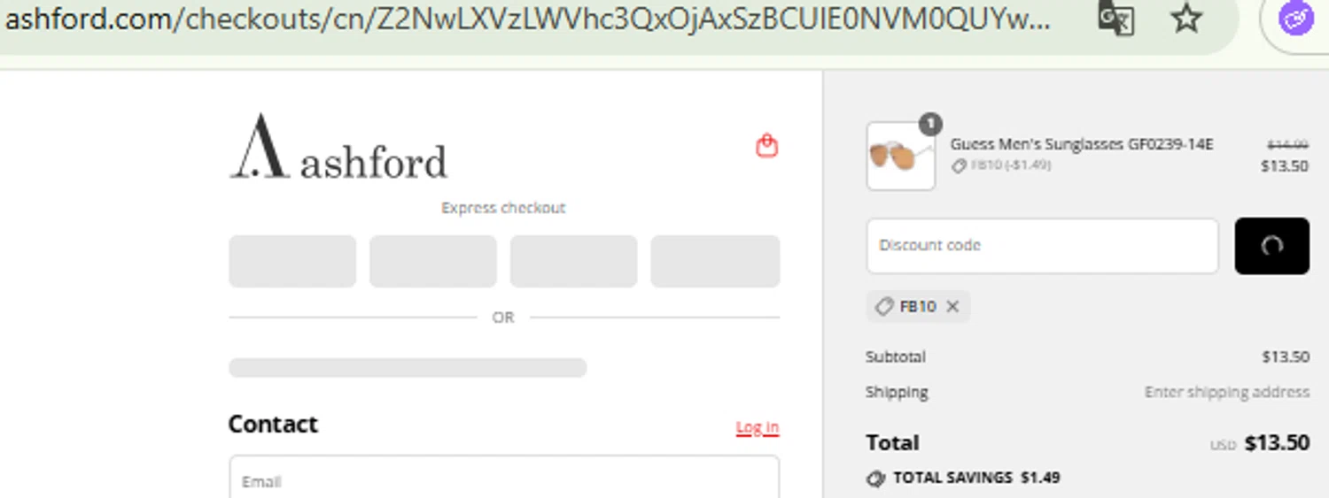 Ashford coupon code screenshot showing code fb10 applied at Ashford checkout page. Uploaded by SimplyCodes community member CashMaestro9337 on Jul 17, 2025