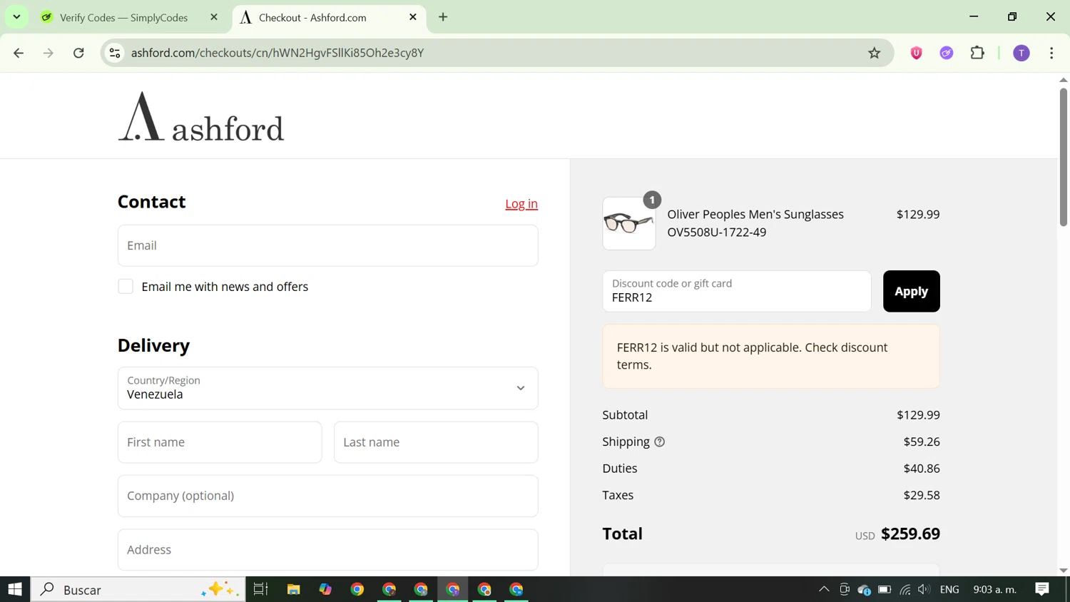 Ashford coupon code screenshot showing code FERR12 applied at Ashford checkout page. Uploaded by SimplyCodes community member FortunateCurator5882 on Aug 27, 2025