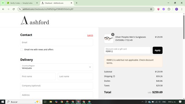 Ashford checkout page showing Ashford coupon code box | Screenshot taken by SimplyCodes community member on Aug 27, 2025