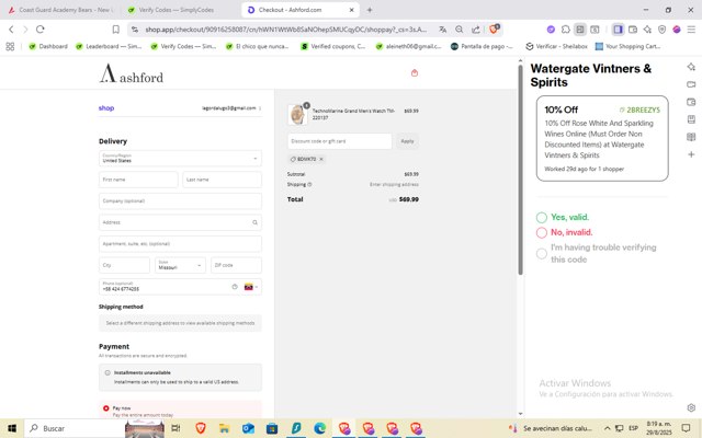Ashford checkout page showing Ashford coupon code box | Screenshot taken by SimplyCodes community member on Aug 29, 2025
