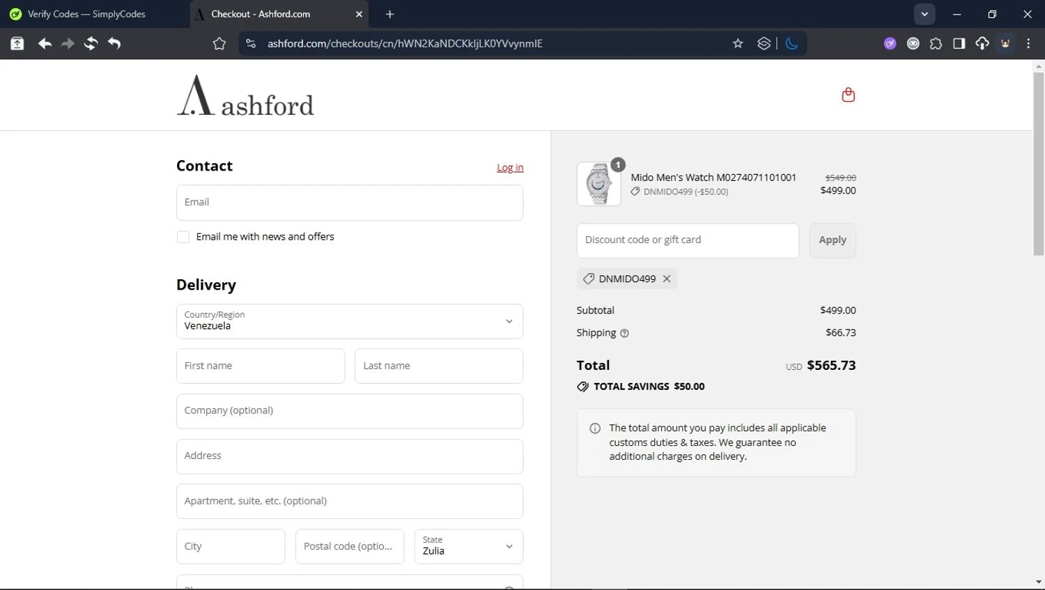 Ashford coupon code screenshot showing code DNMIDO499 applied at Ashford checkout page. Uploaded by SimplyCodes community member PromoSpotter1784 on Aug 28, 2025