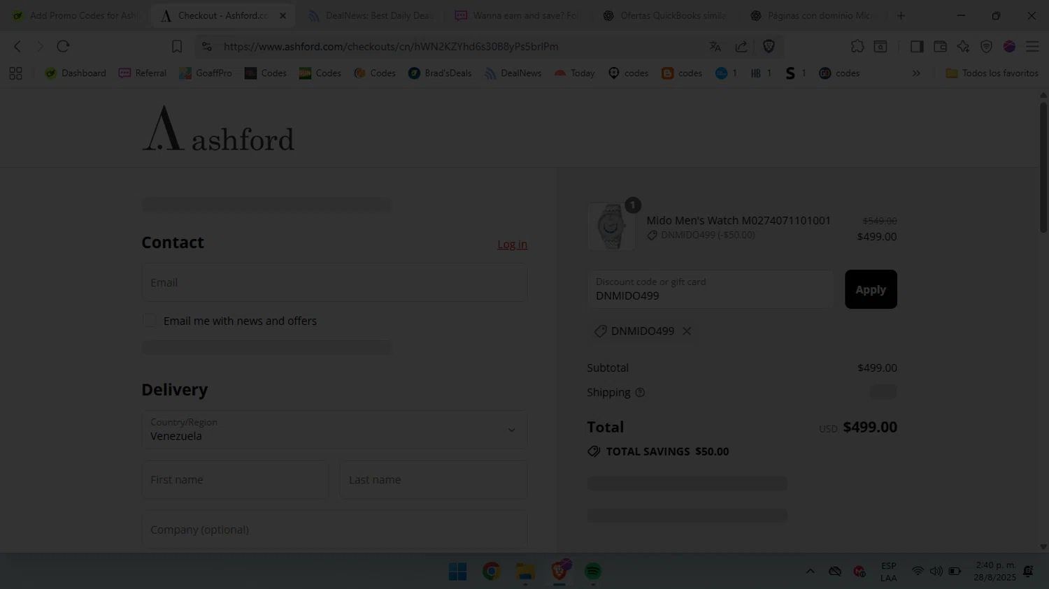 Ashford coupon code screenshot showing code DNMIDO499 applied at Ashford checkout page. Uploaded by SimplyCodes community member BabaYaga on Aug 28, 2025
