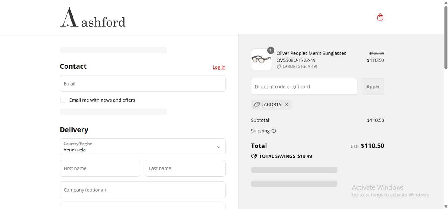 Ashford coupon code screenshot showing code LABOR15 applied at Ashford checkout page. Uploaded by SimplyCodes community member anosesmith on Aug 28, 2025