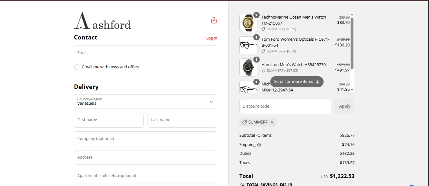 Ashford coupon code screenshot showing code SUMMER7 applied at Ashford checkout page. Uploaded by SimplyCodes community member juanisaac on Jul 22, 2025
