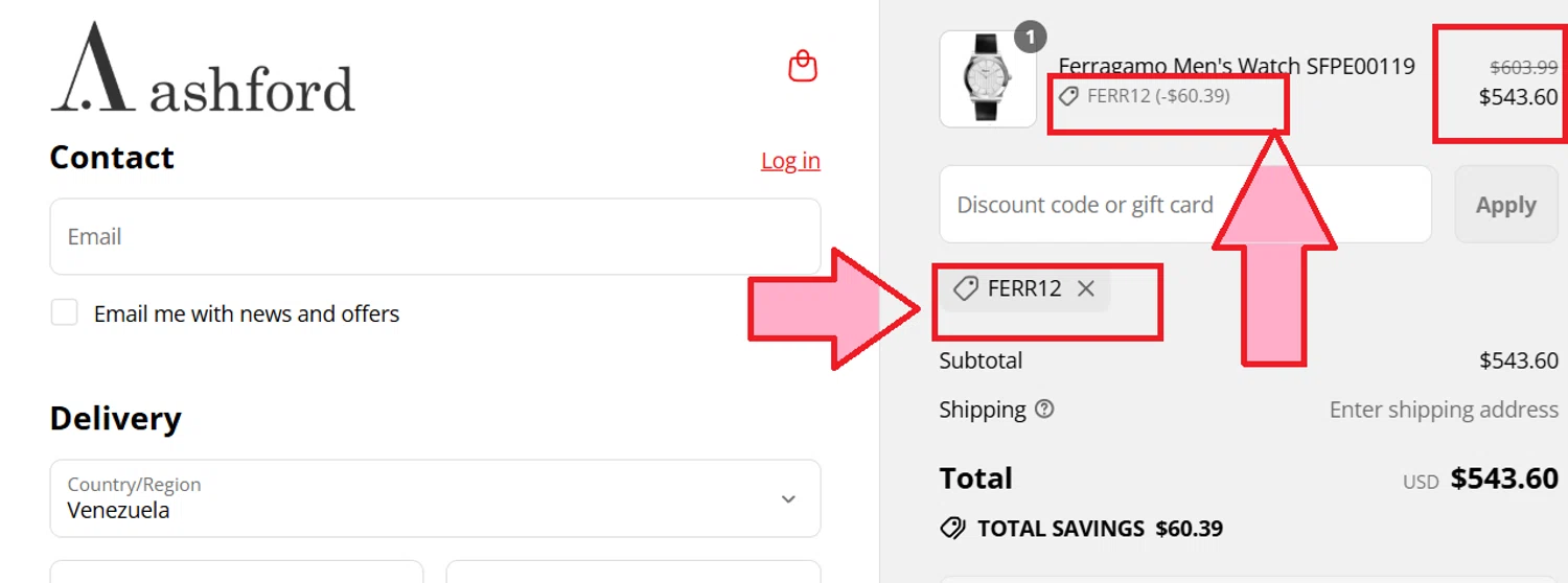 Ashford coupon code screenshot showing code FERR12 applied at Ashford checkout page. Uploaded by SimplyCodes community member kattylar on Aug 5, 2025