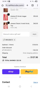 Ashh Scrubs coupon verification screenshot
