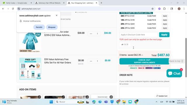 Ashimary Hair checkout page showing Ashimary Hair coupon code box | Screenshot taken by SimplyCodes community member on Sep 10, 2025