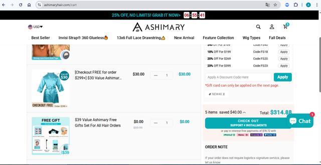 Ashimary Hair checkout page showing Ashimary Hair coupon code box | Screenshot taken by SimplyCodes community member on Sep 10, 2025