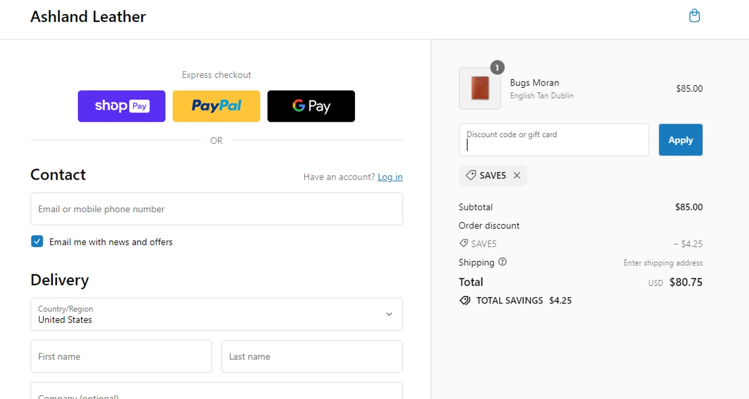 where to use Ashland Leather promo code box