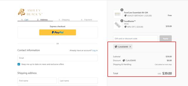 Ashley Black checkout page showing Ashley Black discount code box | Screenshot taken by SimplyCodes community member on Apr 25, 2021