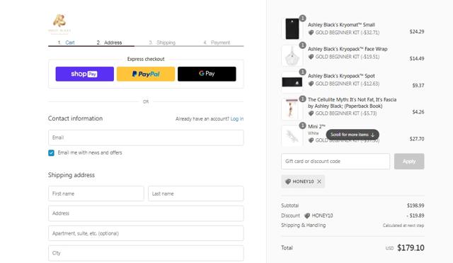 Ashley Black checkout page showing Ashley Black discount code box | Screenshot taken by SimplyCodes community member on Oct 4, 2021