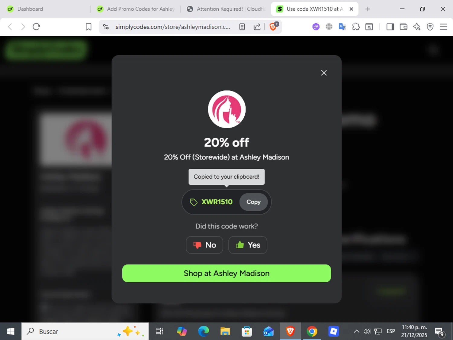 Ashley Madison promo code screenshot showing code XWR1510 applied at Ashley Madison checkout page. Uploaded by SimplyCodes community member ScanWarden9985 on Dec 22, 2025