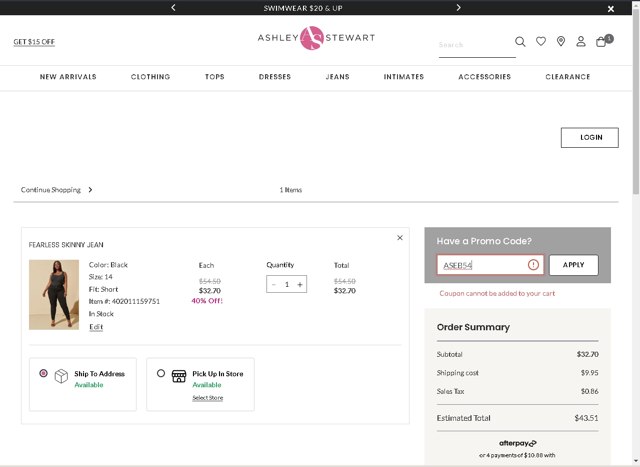 Ashley Stewart checkout page showing Ashley Stewart promo code box | Screenshot taken by SimplyCodes community member on Aug 1, 2023