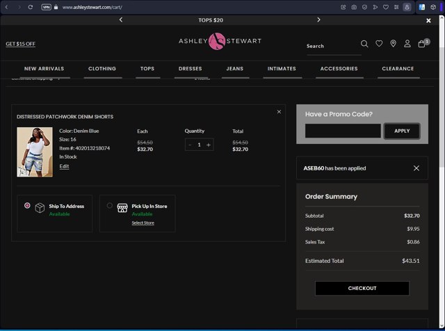 Ashley Stewart checkout page showing Ashley Stewart promo code box | Screenshot taken by SimplyCodes community member on Jul 20, 2023