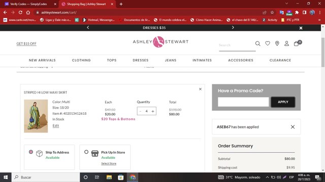 Ashley Stewart checkout page showing Ashley Stewart promo code box | Screenshot taken by SimplyCodes community member on Jul 20, 2023