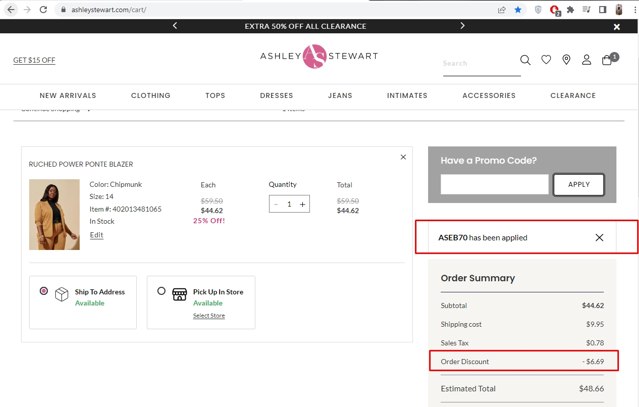 Ashley Stewart checkout page showing Ashley Stewart promo code box | Screenshot taken by SimplyCodes community member on Aug 14, 2023