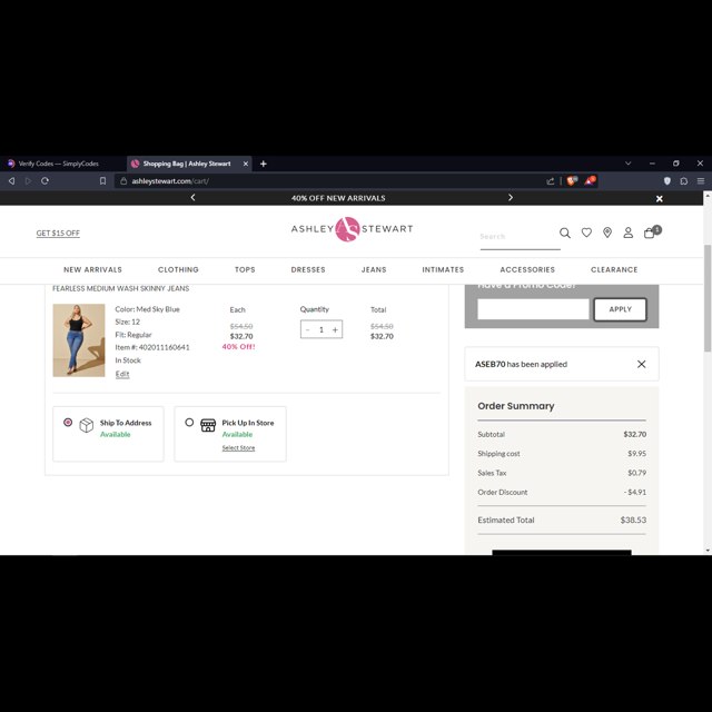 Ashley Stewart checkout page showing Ashley Stewart promo code box | Screenshot taken by SimplyCodes community member on Sep 7, 2023