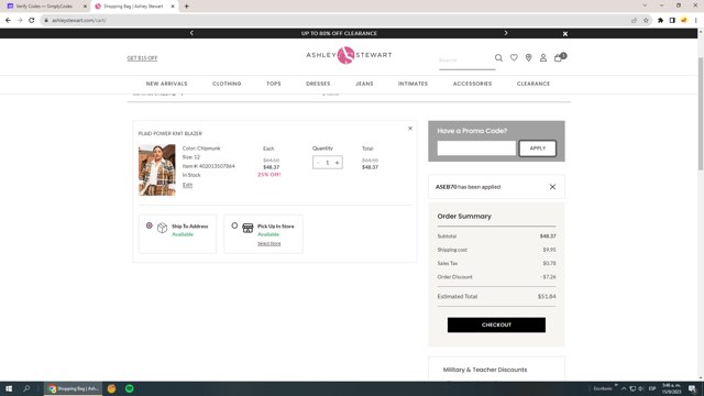 Ashley Stewart checkout page showing Ashley Stewart promo code box | Screenshot taken by SimplyCodes community member on Sep 15, 2023