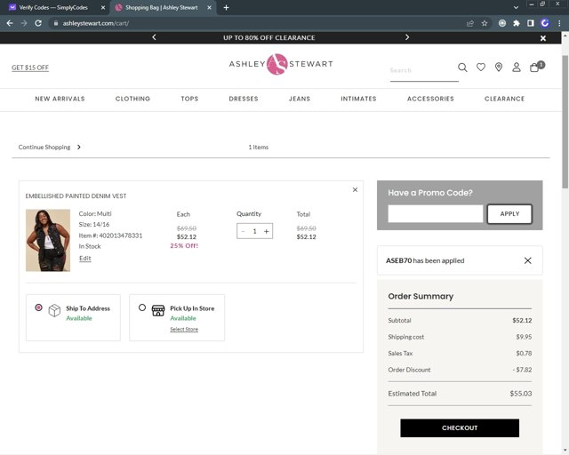 Ashley Stewart checkout page showing Ashley Stewart promo code box | Screenshot taken by SimplyCodes community member on Aug 22, 2023