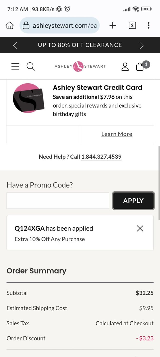Ashley Stewart checkout page showing Ashley Stewart promo code box | Screenshot taken by SimplyCodes community member on Apr 5, 2024