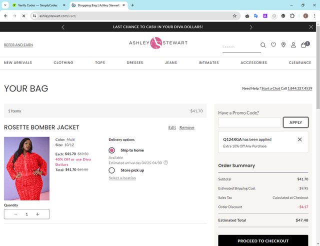 Ashley Stewart checkout page showing Ashley Stewart promo code box | Screenshot taken by SimplyCodes community member on Apr 21, 2024