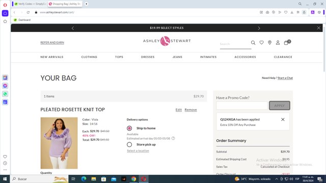 Ashley Stewart checkout page showing Ashley Stewart promo code box | Screenshot taken by SimplyCodes community member on Apr 30, 2024