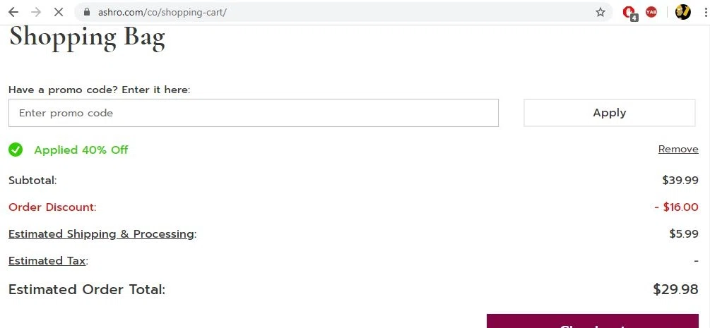 Ashro Lifestyles checkout page showing Ashro Lifestyles promo code box | Screenshot taken by SimplyCodes community member on May 21, 2020