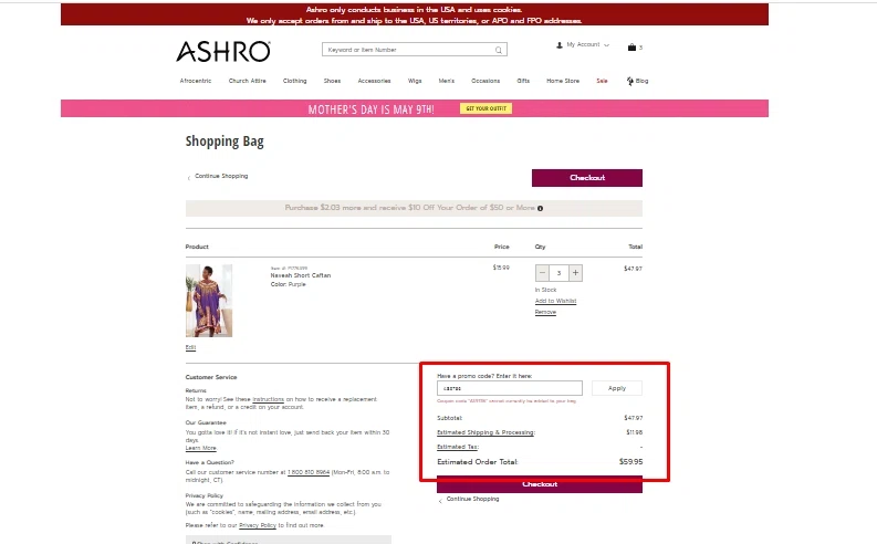 Ashro Lifestyles checkout page showing Ashro Lifestyles promo code box | Screenshot taken by SimplyCodes community member on May 4, 2021