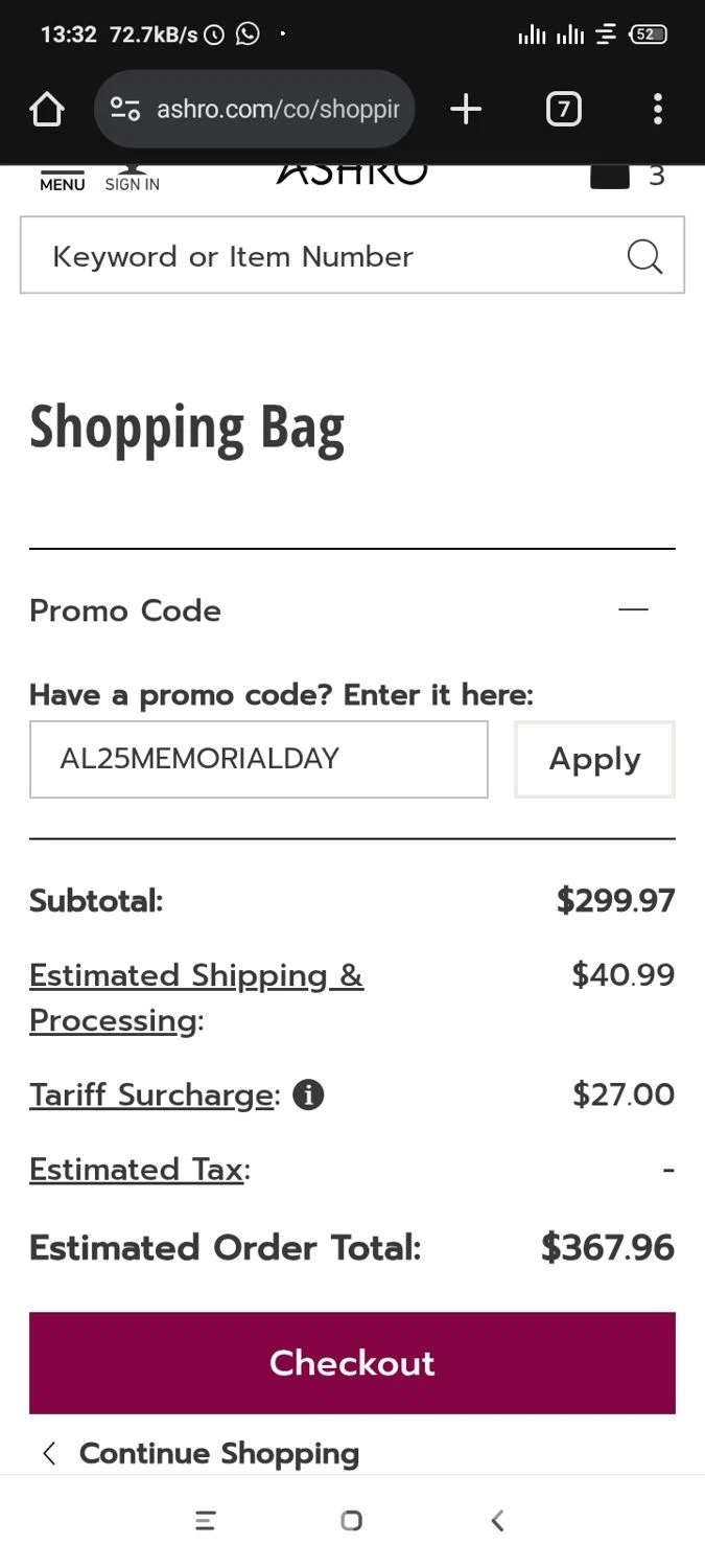 Ashro Lifestyles promo code screenshot showing code AL25MEMORIALDAY applied at Ashro Lifestyles checkout page. Uploaded by SimplyCodes community member NobleSeeker1711 on Jun 24, 2025