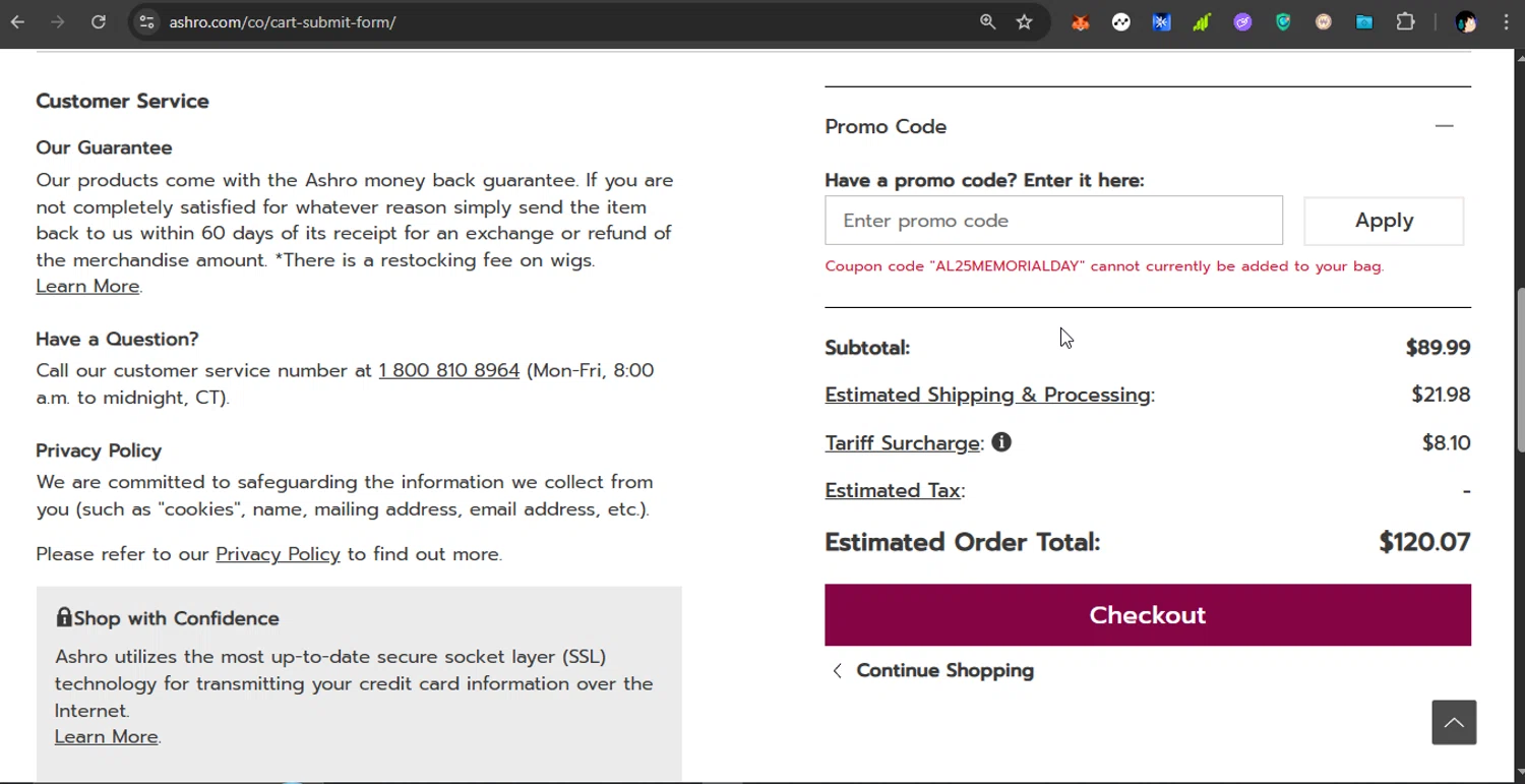 Ashro Lifestyles promo code screenshot showing code AL25MEMORIALDAY applied at Ashro Lifestyles checkout page. Uploaded by SimplyCodes community member PrimeShopper6600 on Jun 24, 2025