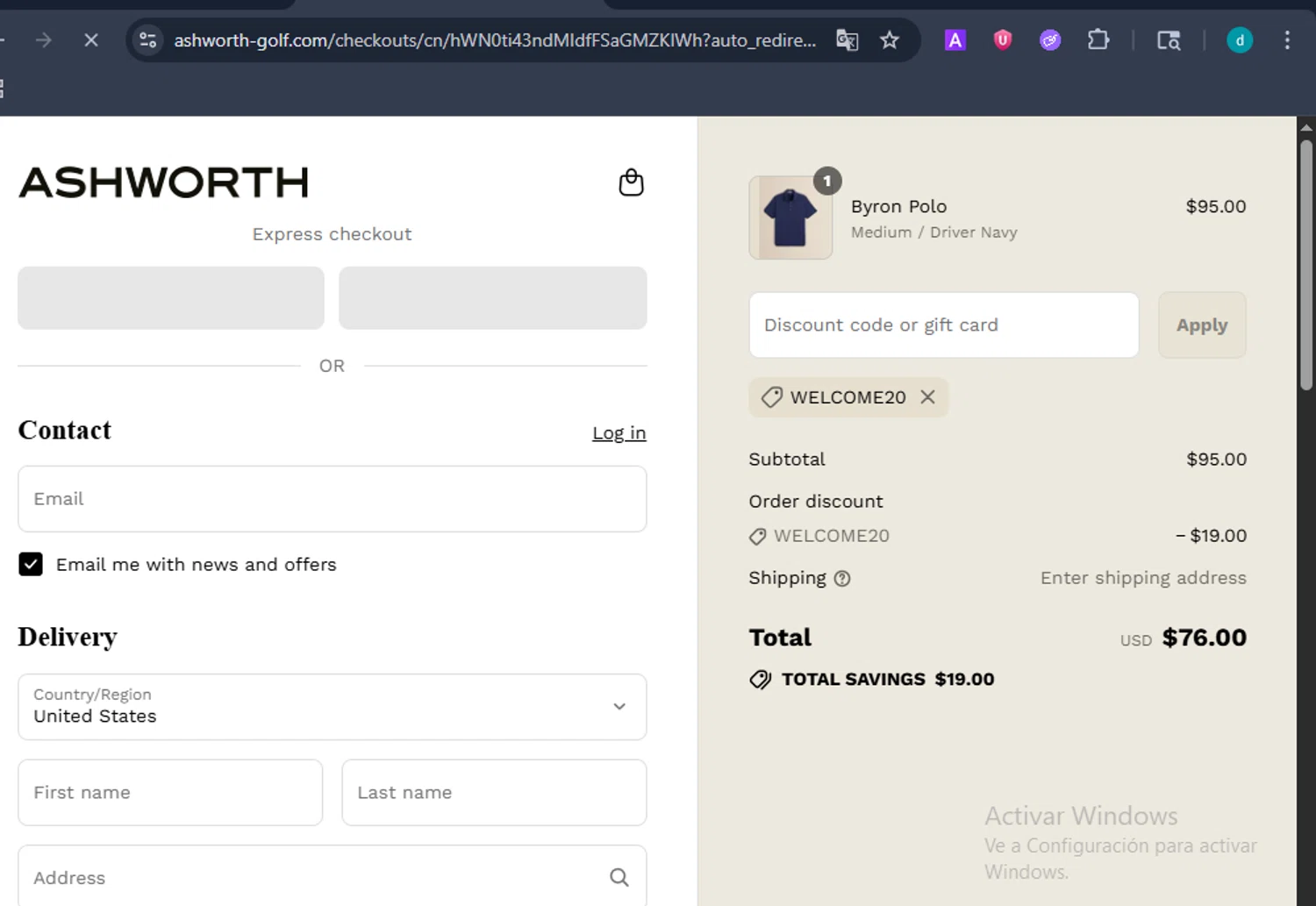 Ashworth promo code screenshot showing code WELCOME20 applied at Ashworth checkout page. Uploaded by SimplyCodes community member DiscountHero6788 on Jul 22, 2025
