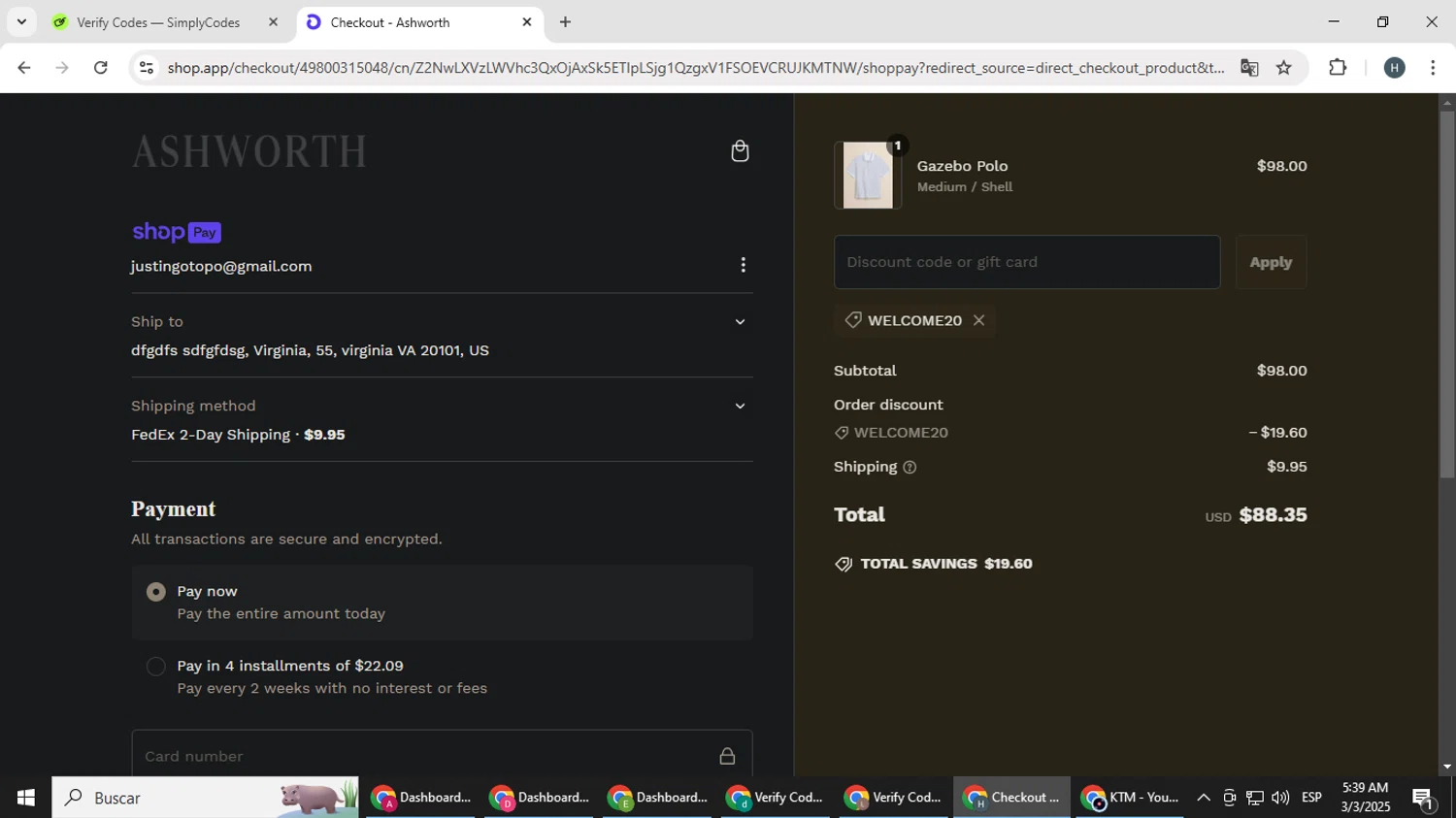 Ashworth promo code screenshot showing code WELCOME20 applied at Ashworth checkout page. Uploaded by SimplyCodes community member YAMAHA on Mar 3, 2025