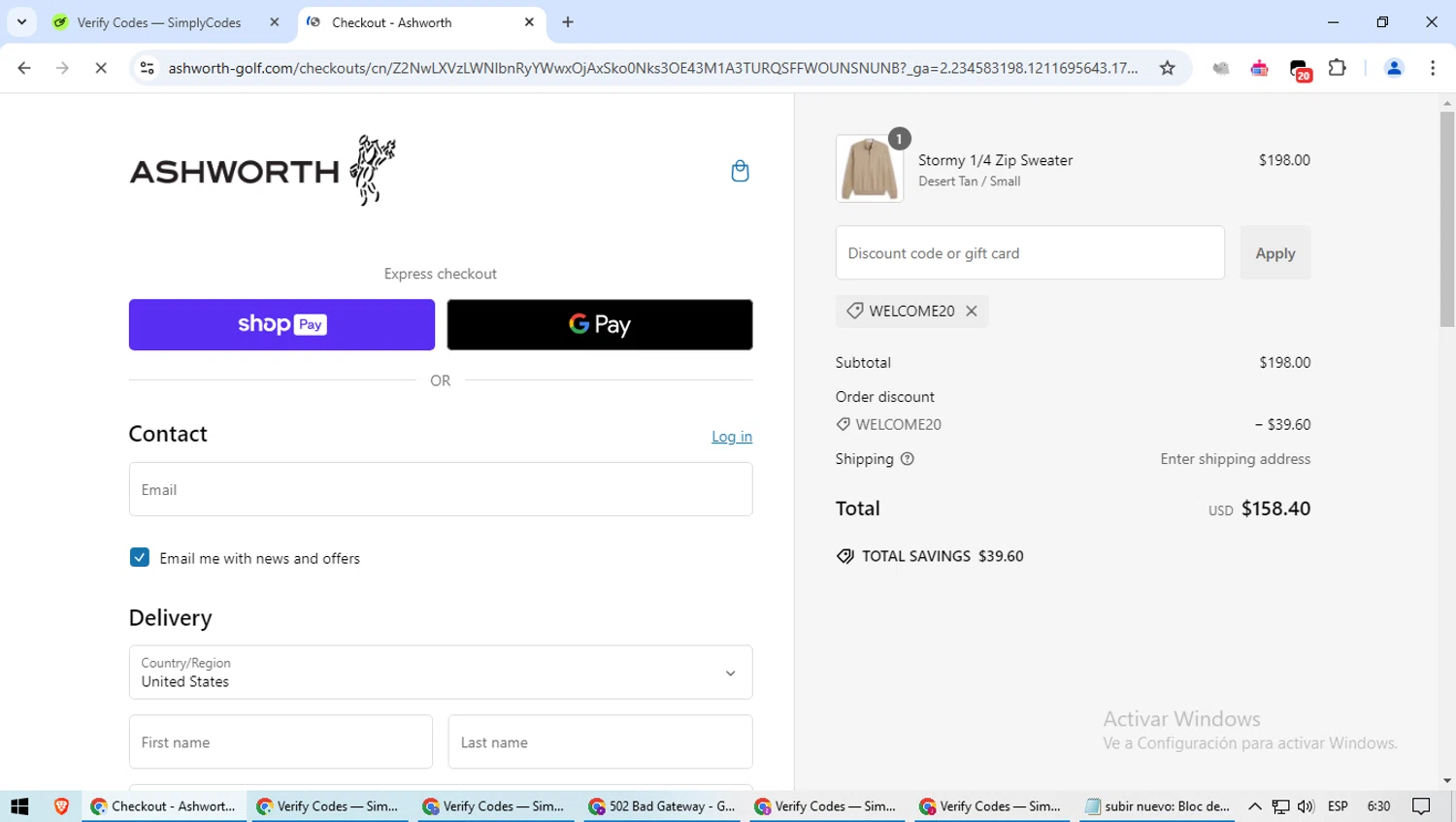 Ashworth promo code screenshot showing code WELCOME20 applied at Ashworth checkout page. Uploaded by SimplyCodes community member aSASAS on Jan 21, 2025
