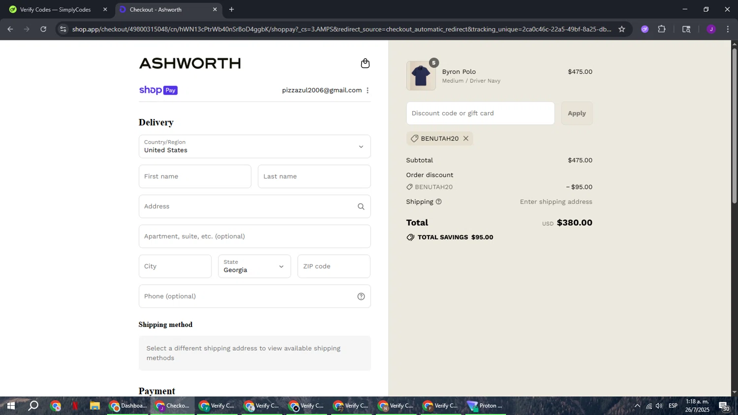 Ashworth promo code screenshot showing code BENUTAH20 applied at Ashworth checkout page. Uploaded by SimplyCodes community member ComeBurra123 on Jul 26, 2025
