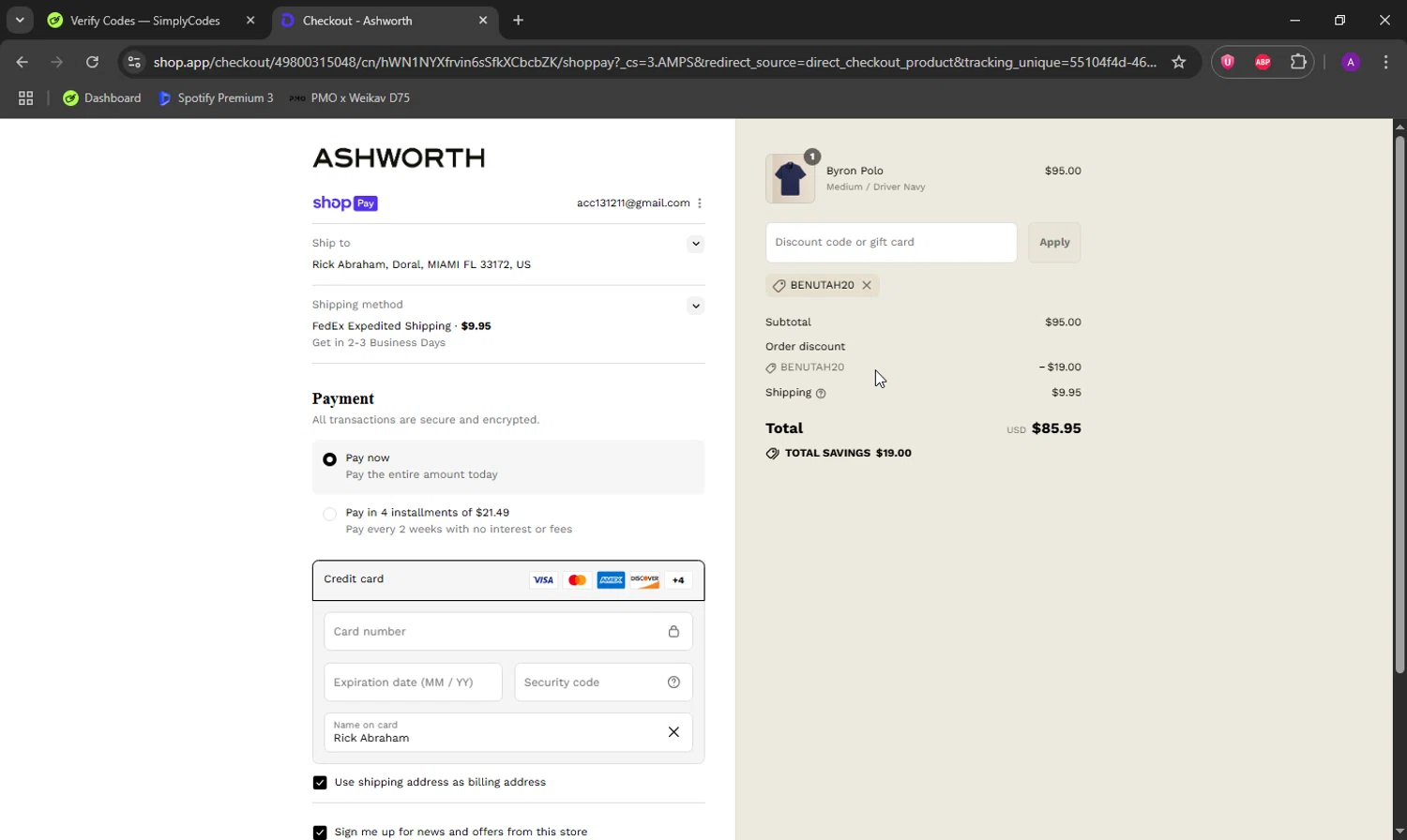 Ashworth promo code screenshot showing code BENUTAH20 applied at Ashworth checkout page. Uploaded by SimplyCodes community member DeathBone on Aug 3, 2025