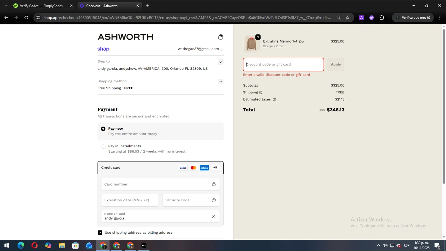 Ashworth promo code screenshot showing code lockerkit applied at Ashworth checkout page. Uploaded by SimplyCodes community member Andy2323 on Nov 16, 2025