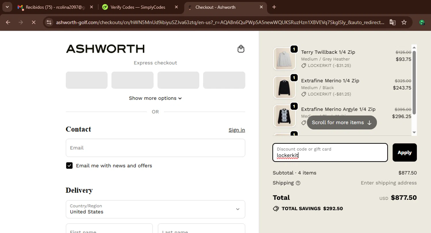 Ashworth promo code screenshot showing code lockerkit applied at Ashworth checkout page. Uploaded by SimplyCodes community member WonderWarden594 on Nov 16, 2025